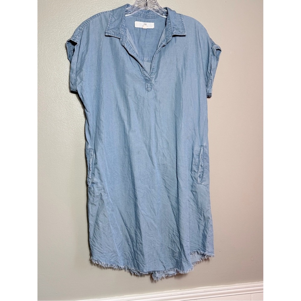 Thread & Supply Light Wash Denim Chambray Shift Dress Medium Raw Hem